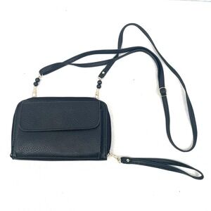 Black Pebbled Faux Leather Crossbody Phone Bag Wallet Travel Wristlet Bag